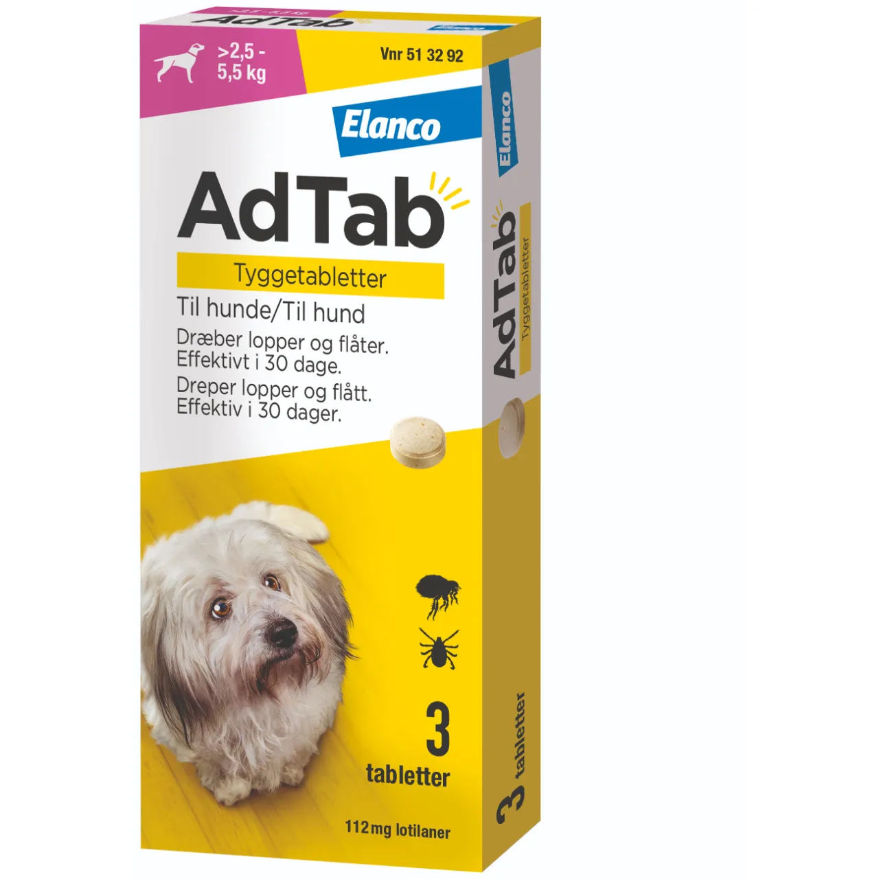 AdTab til hunde 2,5-5,5 kg 112 mg - effektiv beskyttelse mod lopper og flåter
